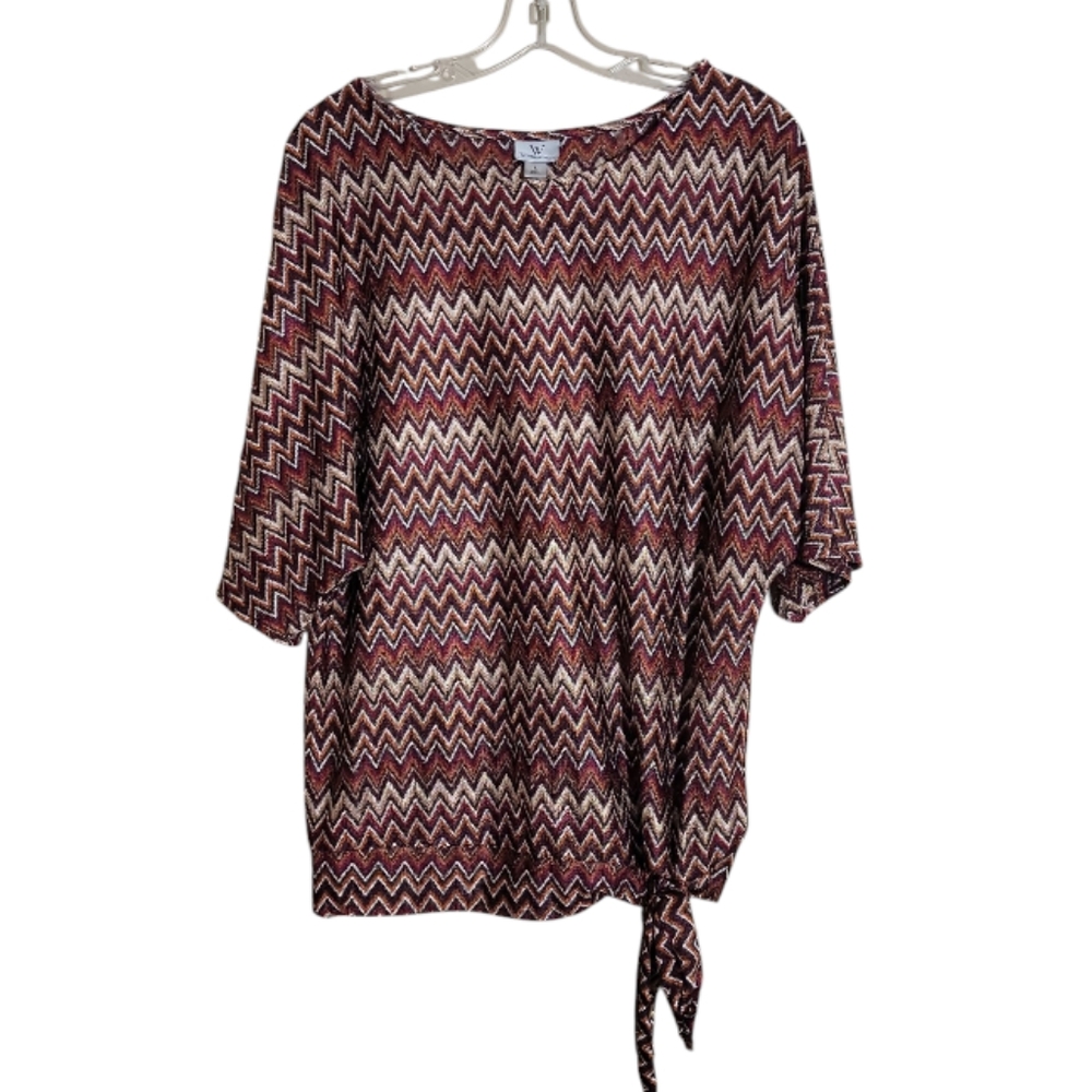 Worthington women's chevron stripe dolman sleeve tie hem knit top size large
